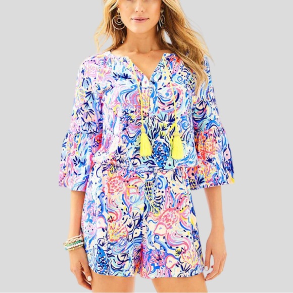 Lilly Pulitzer Pants - NEW Lilly Pulitzer Del Lago Romper Tassels Flounce Sleeves Women’s Medium